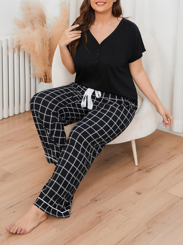 V-Neck Plaid Pajama Set