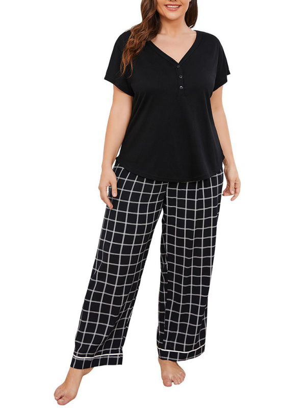 V-Neck Plaid Pajama Set